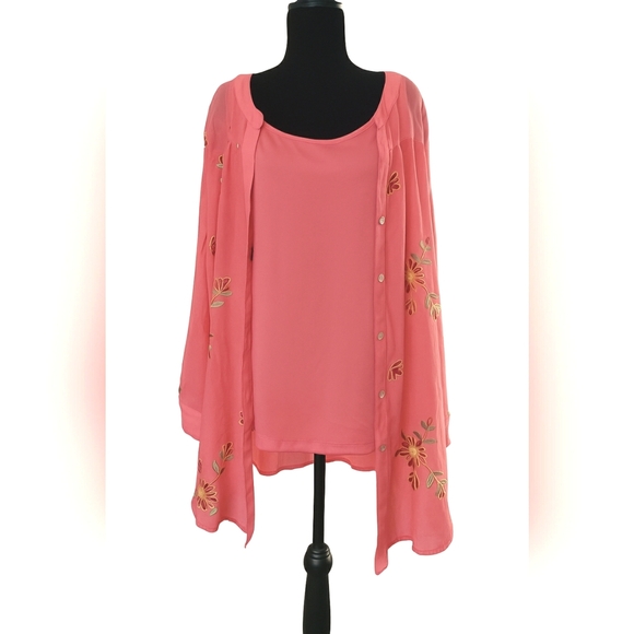 New Boho 2XL Chic Coral Artisy Lagenlook Embroidered Floral Tunic Top - Picture 4 of 11